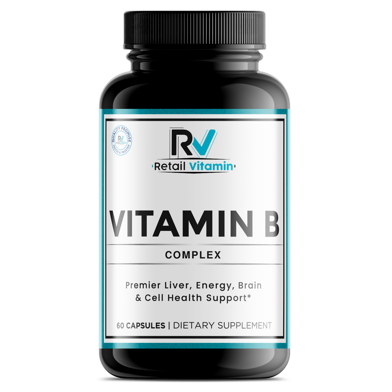 Vitamin B Complex 60-Capsule Advanced Formula bottle – teal RetailVitamin label supporting energy and brain health