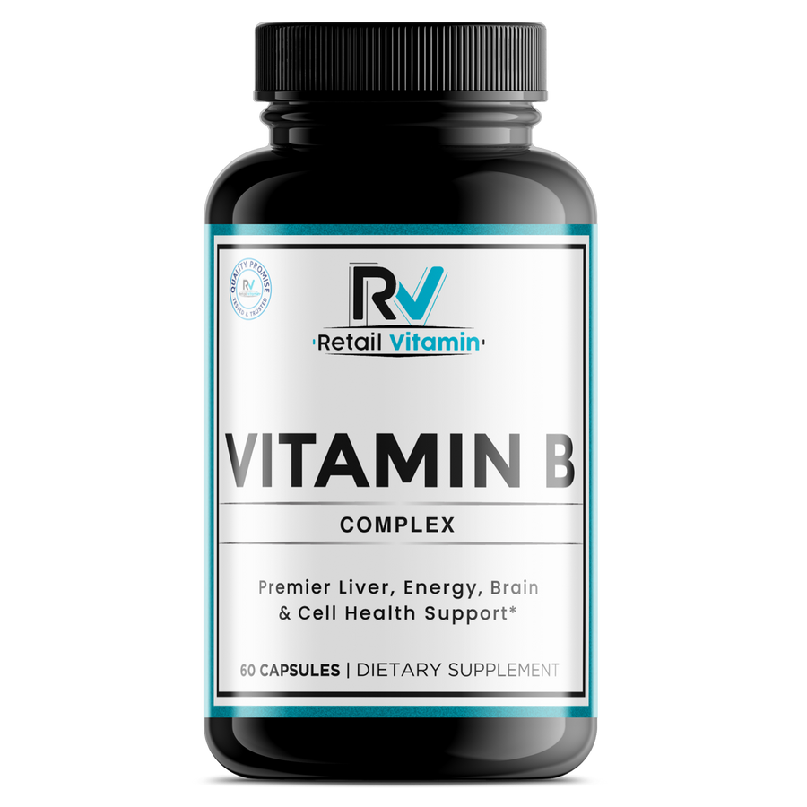 Vitamin B Complex 60-Capsule Advanced Formula bottle – teal RetailVitamin label supporting energy and brain health