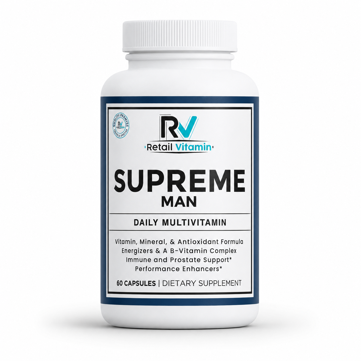 Supreme Man 60-Capsule Men's Multivitamin bottle – blue and white RetailVitamin label for daily nutritional balance