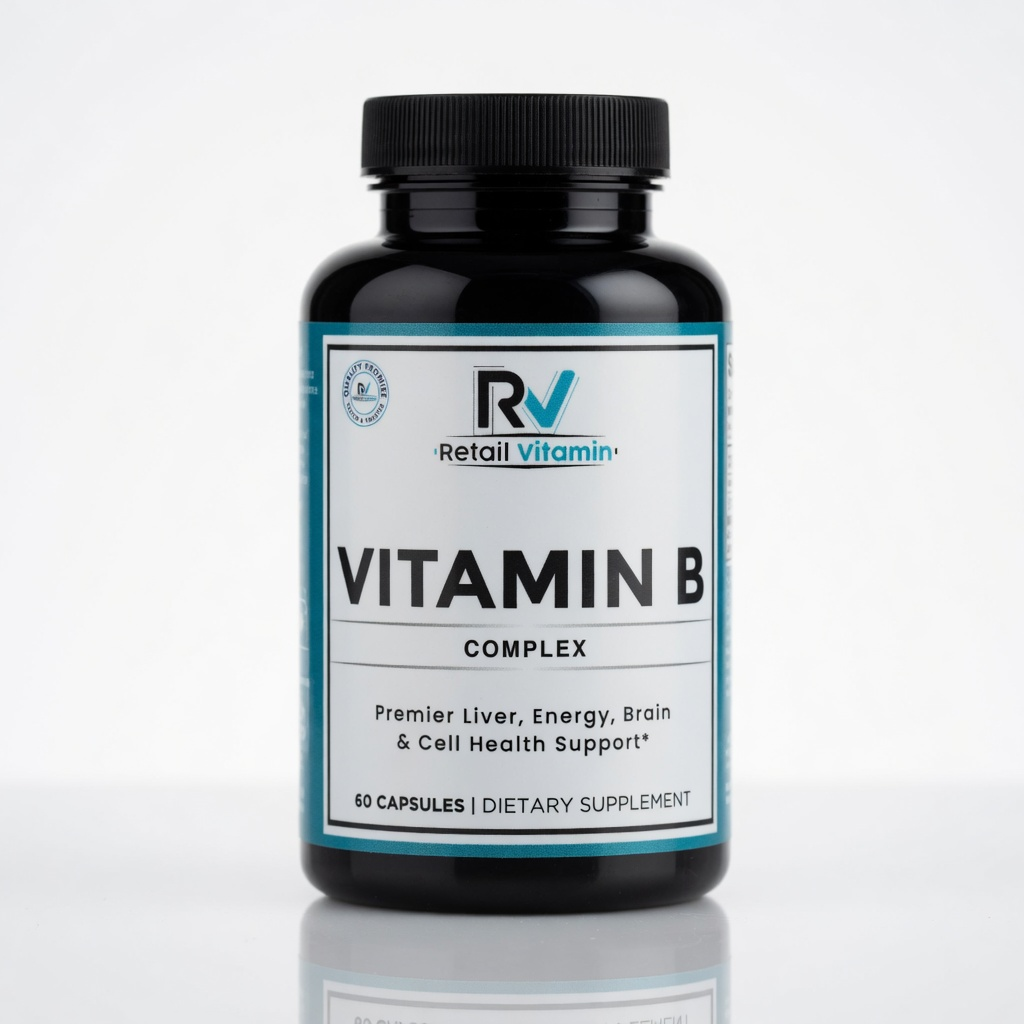 Vitamin B Complex 60-Capsule Advanced Formula bottle – teal RetailVitamin label supporting energy and brain health
